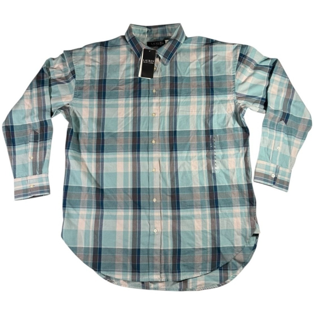 Ralph Lauren Women's Shirt Size L BLUE/TEAL/GRAY Plaid Long-sleeve NWT